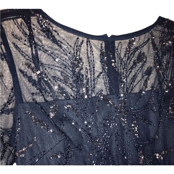 NWT ADRIANNA PAPELL Navy Blue Sequins Formal Short Dress 1/2 Length Sleeves - Picture 6 of 10